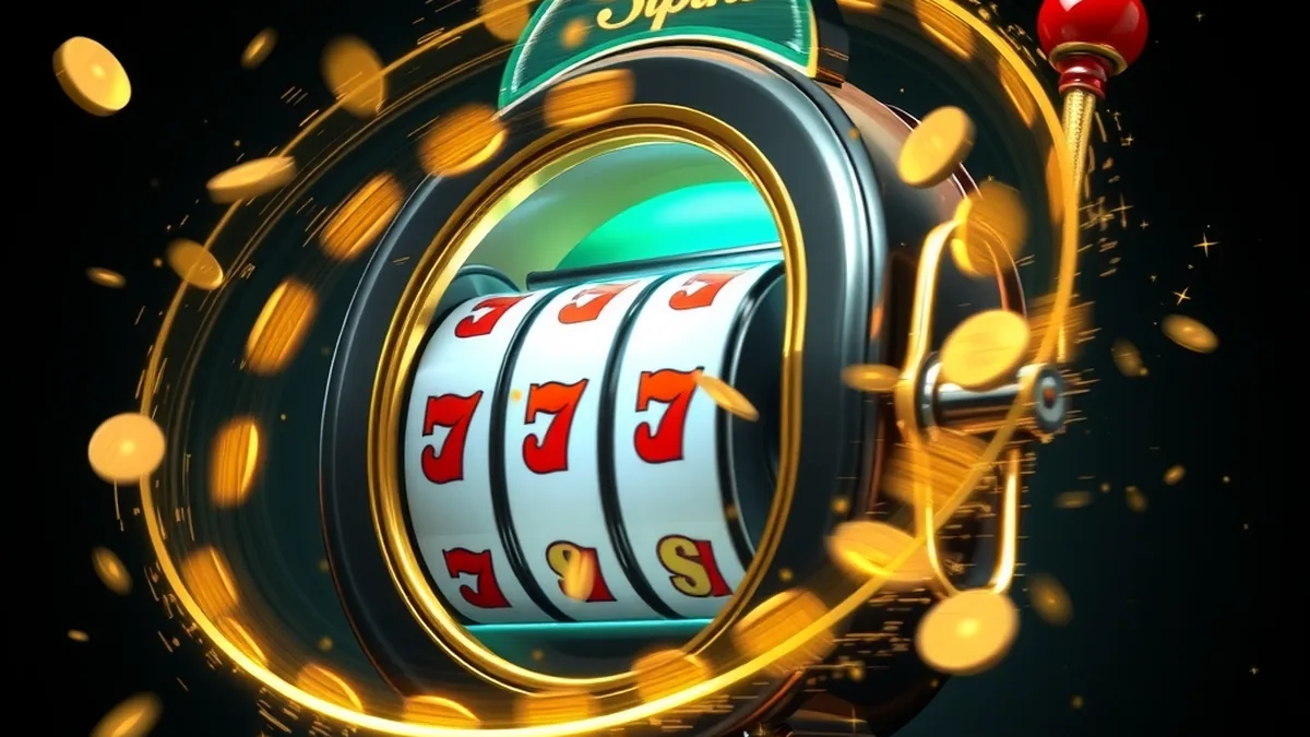 Slot machine with spinning reels and swirling golden lights for free spins