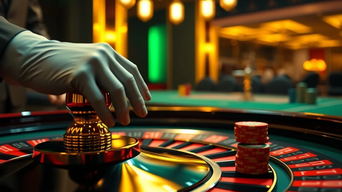 Live casino roulette table with a dealer's hands spinning the wheel