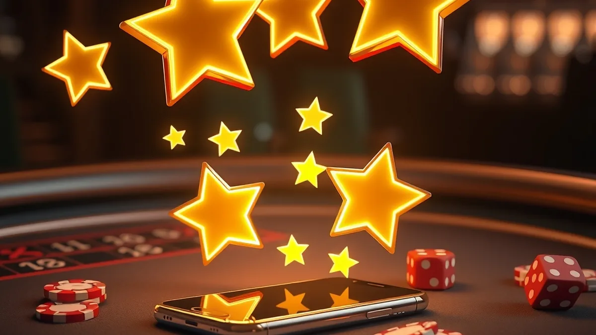 Glowing rating stars and speech bubbles above a phone on a casino table
