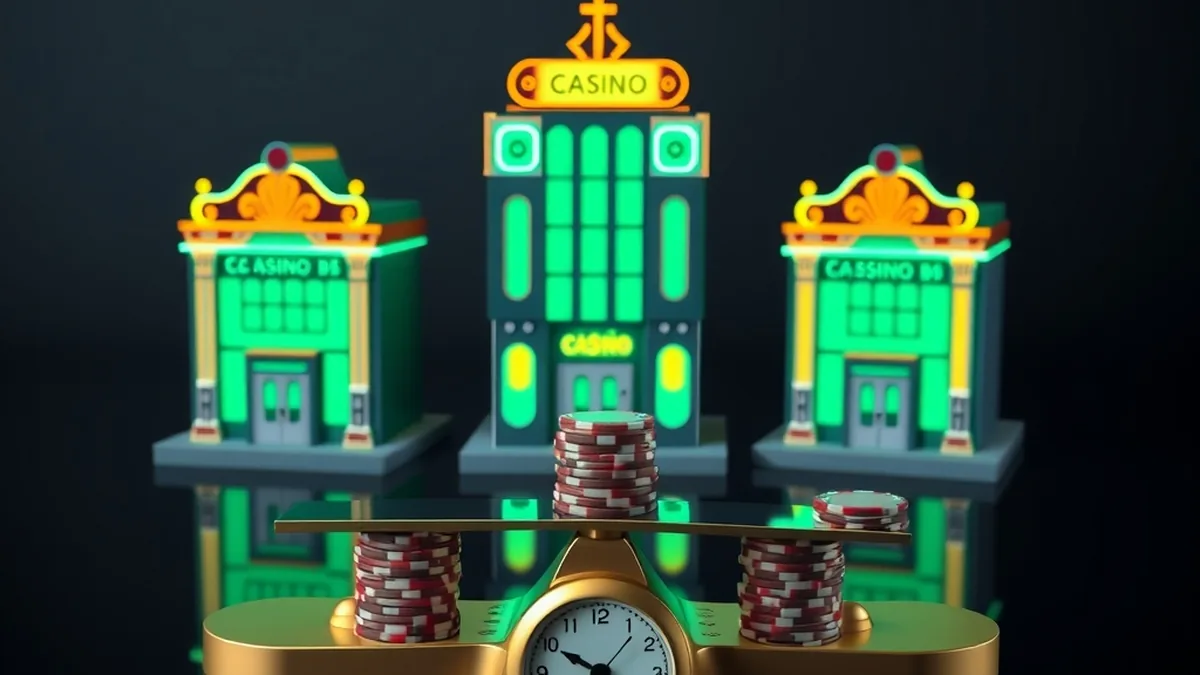 Three miniature casino buildings compared beside a balance scale with chips