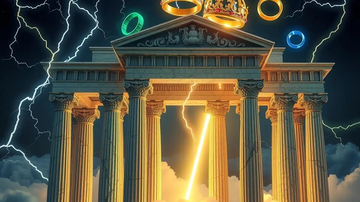 Marble temple gates on Olympus with lightning and floating gems