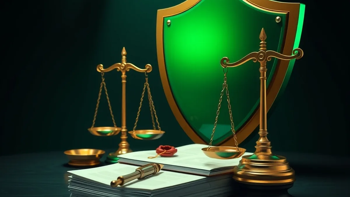Shield, scales and sealed documents representing casino licensing and safety